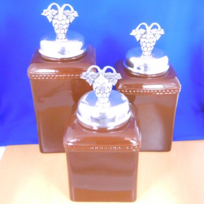 60003-BROWN 3PC. CERAMIC LARGE CANISTER SET WITH LIDS